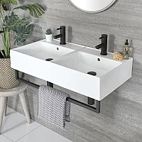Milano Elswick White Modern 820mm x 420mm Rectangular Double Wall Hung Basin with Black Towel Rail