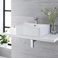 Milano Farington White Modern Rectangular Countertop Basin 520mm x 420mm 1 TapHole with Brushed Brass Overflow