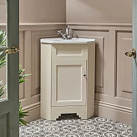 Milano Thornton Antique White 580mm Traditional Cloakroom Corner Vanity Unit with Basin and Classic Round Chrome Handle