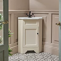 Milano Thornton Antique White 580mm Traditional Cloakroom Corner Vanity Unit with Basin and Classic Round Black Handle