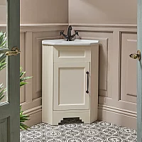 Milano Thornton Antique White 580mm Traditional Cloakroom Corner Vanity Unit with Basin and Classic TBar Black Handle