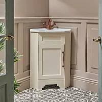 Milano Thornton Antique White 580mm Traditional Cloakroom Corner Vanity Unit with Basin and Classic TBar Aged Bronze Handle
