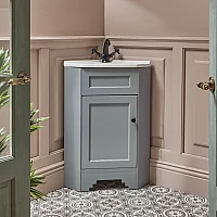 Milano Thornton Light Grey 580mm Traditional Cloakroom Corner Vanity Unit with Basin and Classic Round Black Handle