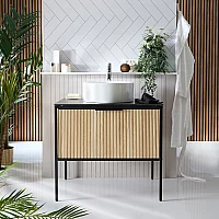 Milano Florence Black and Light Oak 800mm Fluted Vanity Unit with Round Countertop Basin