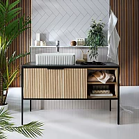 Milano Florence Black and Light Oak 1200mm Fluted Vanity Unit with Fluted Rectangular Countertop Basin