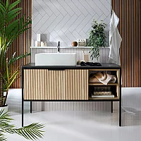 Milano Florence Black and Light Oak 1200mm Fluted Vanity Unit with Rectangular Countertop Basin