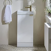 Milano Lurus White 400mm Modern Cloakroom Vanity Unit with Basin and Brushed Brass Finger Pull Handle