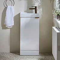 Milano Lurus White 400mm Modern Cloakroom Vanity Unit with Basin and Brushed Copper Finger Pull Handle