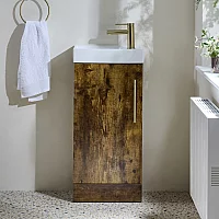 Milano Lurus Dark Oak 400mm Modern Cloakroom Vanity Unit with Basin and Brushed Brass TBar Handle