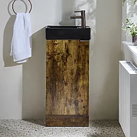Milano Lurus Dark Oak 400mm Modern Cloakroom Vanity Unit with Black Basin and Aged Bronze Finger Pull Handle