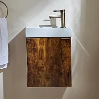 Milano Lurus Dark Oak 400mm Wall Hung Modern Cloakroom Vanity Unit with Basin and Aged Gold Finger Pull Handle