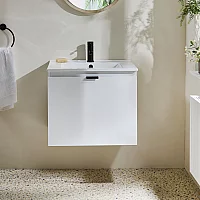 Milano Lurus White 600mm Wall Hung Modern Vanity Unit with Basin and Black Finger Pull Handle