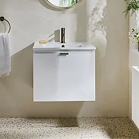 Milano Lurus White 600mm Wall Hung Modern Vanity Unit with Basin and Brushed Gold Finger Pull Handle