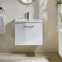 Milano Lurus White 600mm Wall Hung Modern Vanity Unit with Basin and Brushed Gold TBar Handle