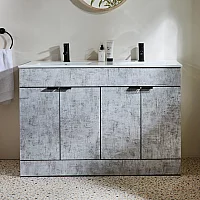 Milano Lurus Concrete Grey 1210mm Modern Vanity Unit with Double Basin and Black Finger Pull Handles