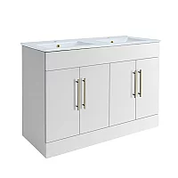 Milano Lurus White 1210mm Modern Vanity Unit with Double Basin and Brushed Brass TBar Handles