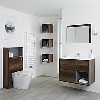 Milano Bexley Dark Oak Modern 800mm Vanity Unit WC Unit Rivington Pan Three Storage Units and Mirror