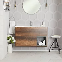 Milano Bexley Dark Oak 1010mm Wall Hung Open Shelf Vanity Unit with Basin