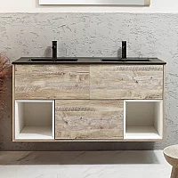 Milano Bexley 1212mm Wall Hung Light Oak Open Shelf Vanity Unit with Graphite Double Basin and LED Light