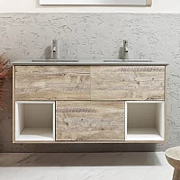 Milano Bexley 1212mm Wall Hung Light Oak Open Shelf Vanity Unit with Pebble Double Basin and LED Light
