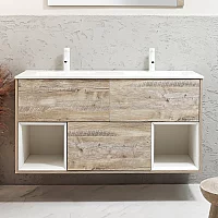 Milano Bexley 1212mm Wall Hung Light Oak Open Shelf Vanity Unit with Chalk Double Basin and LED Light