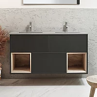 Milano Bexley 1212mm Wall Hung Black Grey Open Shelf Vanity Unit with Pebble Double Basin and LED Light
