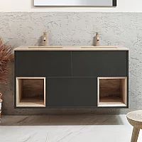 Milano Bexley 1212mm Wall Hung Black Grey Open Shelf Vanity Unit with Sand Double Basin and LED Light