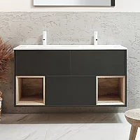 Milano Bexley 1212mm Wall Hung Black Grey Open Shelf Vanity Unit with Chalk Double Basin and LED Light