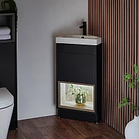 Milano Bexley Black Grey 450mm Modern Open Shelf Cloakroom Corner Vanity Unit with Basin and LED Light