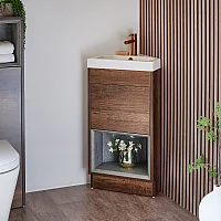Milano Bexley Dark Oak 450mm Modern Open Shelf Cloakroom Corner Vanity Unit with Basin