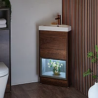 Milano Bexley Dark Oak 450mm Modern Open Shelf Cloakroom Corner Vanity Unit with Basin and LED Light