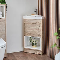 Milano Bexley Light Oak 450mm Modern Open Shelf Cloakroom Corner Vanity Unit with Basin