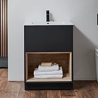Milano Bexley Black Grey 610mm Floor Standing Open Shelf Vanity Unit with White Basin
