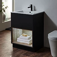 Milano Bexley Black Grey 610mm Floor Standing Open Shelf Vanity Unit with White Basin and LED Light