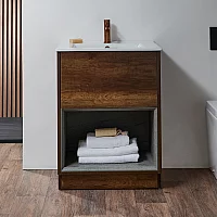 Milano Bexley Dark Oak 610mm Floor Standing Open Shelf Vanity Unit with White Basin