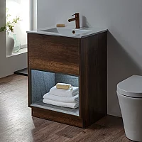 Milano Bexley Dark Oak 610mm Floor Standing Open Shelf Vanity Unit with White Basin and LED Light