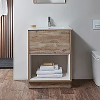 Milano Bexley Light Oak 610mm Floor Standing Open Shelf Vanity Unit with White Basin