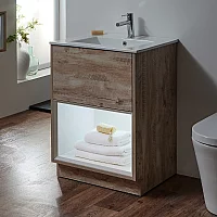 Milano Bexley Light Oak 610mm Floor Standing Open Shelf Vanity Unit with White Basin and LED Light