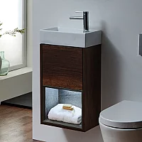Milano Bexley Dark Oak 400mm Wall Hung Open Shelf Cloakroom Vanity Unit with Basin and LED Light