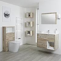 Milano Bexley Light Oak Modern 800mm Open Shelf Vanity Unit WC Unit Rivington Pan Three Storage Units and Mirror