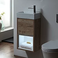 Milano Bexley Light Oak 400mm Wall Hung Open Shelf Cloakroom Vanity Unit with Basin and LED Light