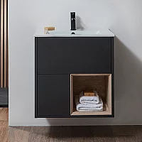 Milano Bexley Black Grey 610mm Wall Hung Open Shelf Vanity Unit with White Basin