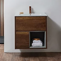 Milano Bexley Dark Oak 610mm Wall Hung Open Shelf Vanity Unit with White Basin