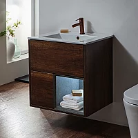 Milano Bexley Dark Oak 610mm Wall Hung Open Shelf Vanity Unit with White Basin and LED Light