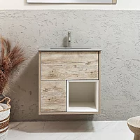 Milano Bexley 612mm Wall Hung Light Oak Open Shelf Vanity Unit with Pebble Basin