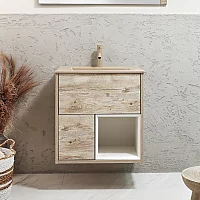 Milano Bexley 612mm Wall Hung Light Oak Open Shelf Vanity Unit with Sand Basin and LED Light
