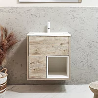 Milano Bexley 612mm Wall Hung Light Oak Open Shelf Vanity Unit with Chalk Basin and LED Light
