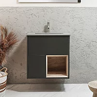 Milano Bexley 612mm Wall Hung Black Grey Open Shelf Vanity Unit with Pebble Basin and LED Light