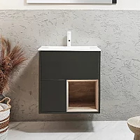 Milano Bexley 612mm Wall Hung Black Grey Open Shelf Vanity Unit with Chalk Basin and LED Light