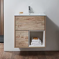 Milano Bexley Light Oak 610mm Wall Hung Open Shelf Vanity Unit with White Basin